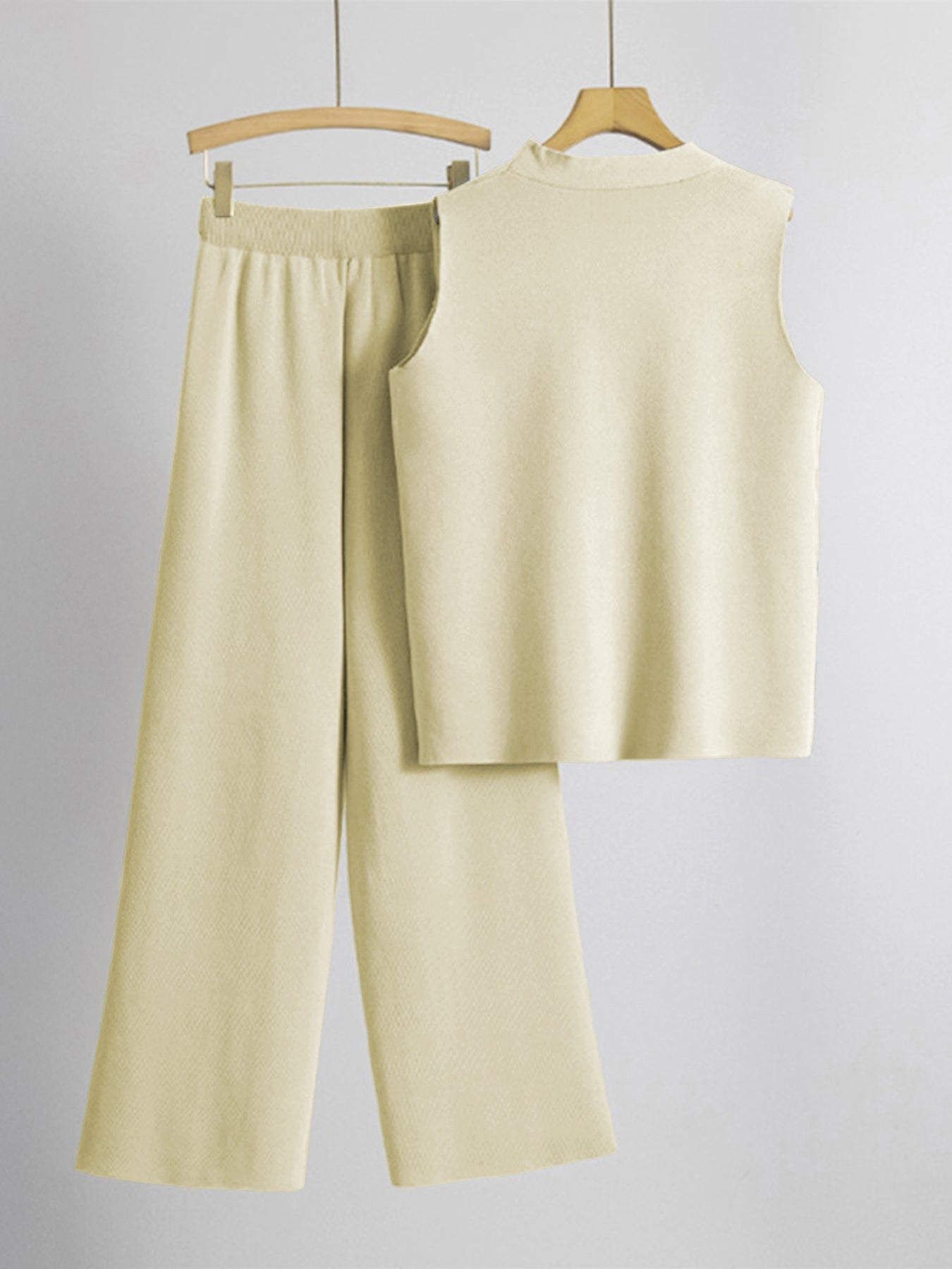 Minimalist Solid V-Neck Button Tank Top & Wide-Leg Trousers Co-ord