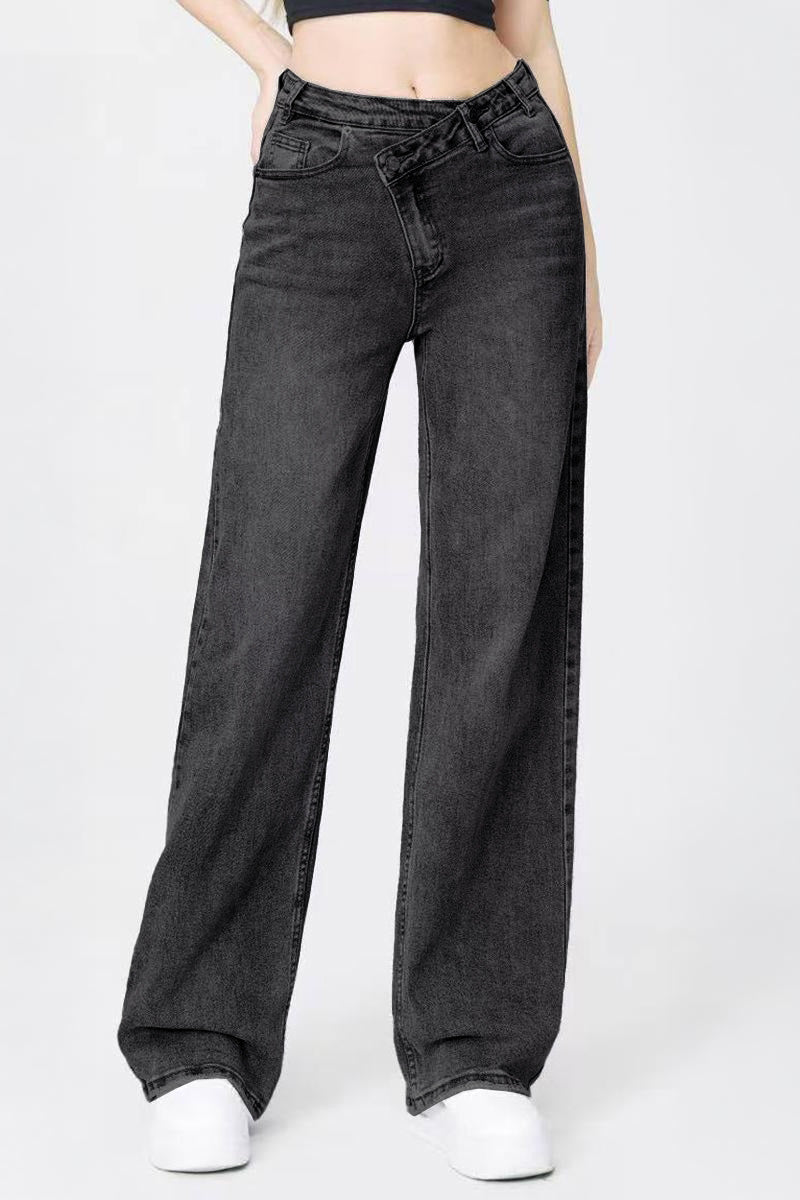 Asymmetrical High Waist Multi Pocket Wide Leg Jeans Street Style