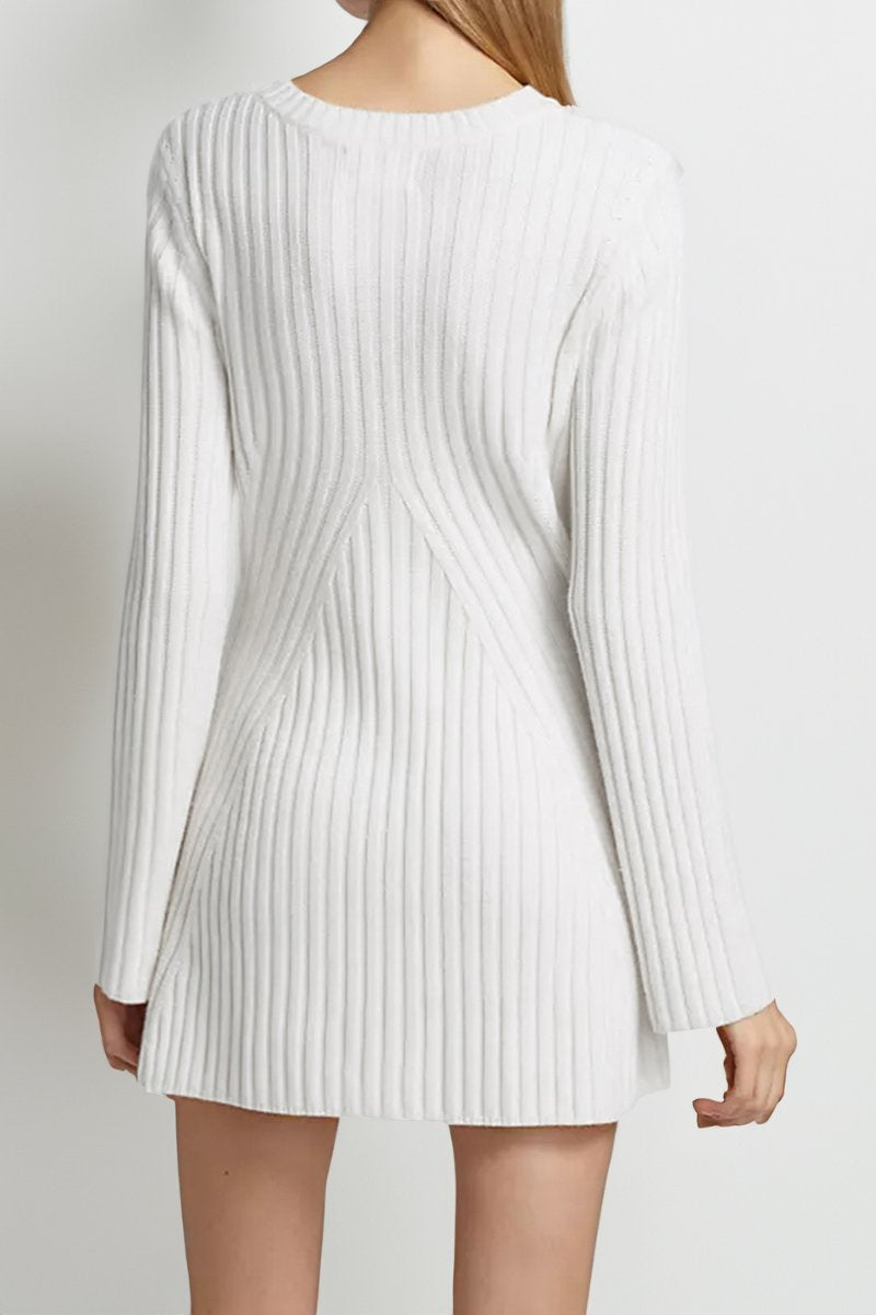 Versatile Knit Crew Neck Cuff Slit Rib Slim Sweater Dress