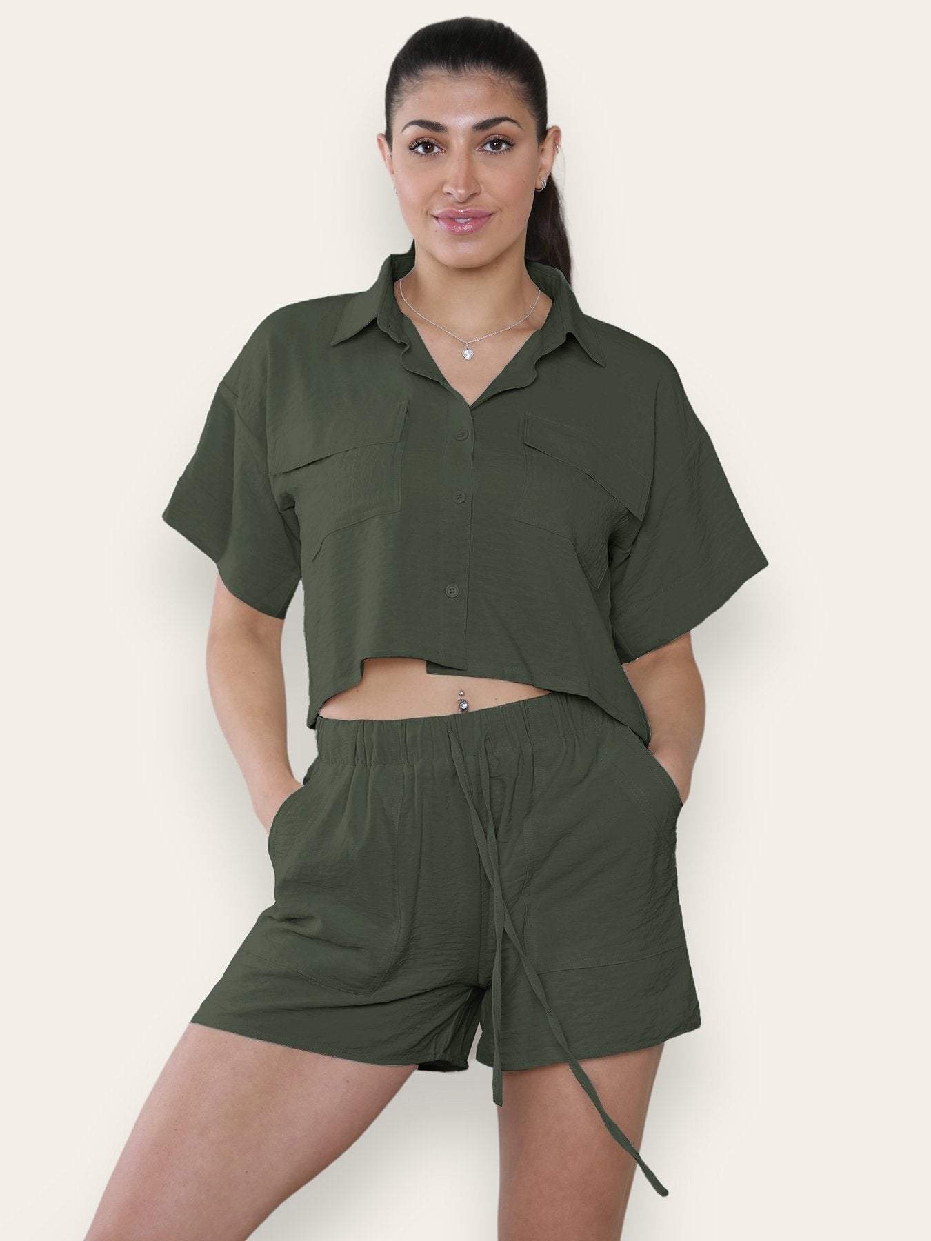 Versatile Solid Collared Flap Pocket Short Sleeve Shirt & Drawstring Waist Shorts Co-ord