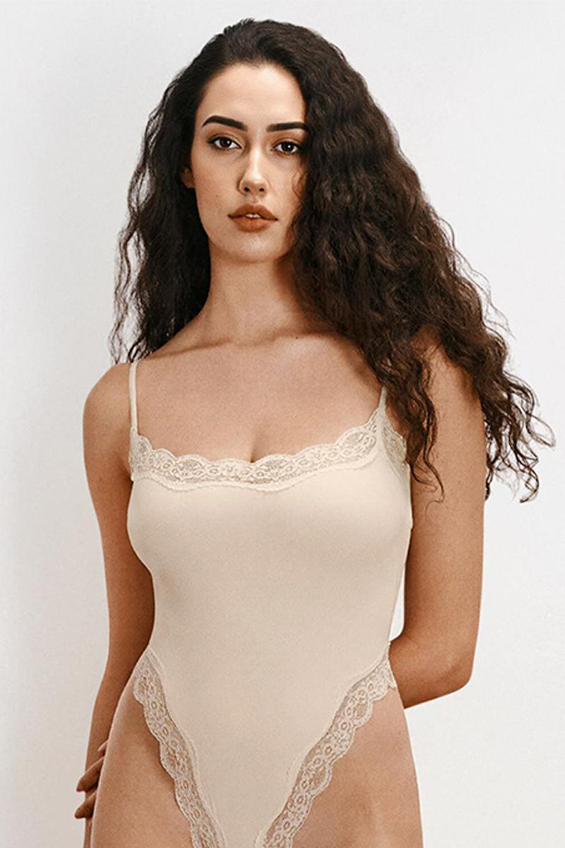 Sexy Solid Color Spaghetti Strap Lace Trim Stretch Bodysuit