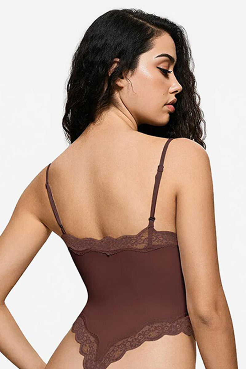 Sexy Solid Color Spaghetti Strap Lace Trim Stretch Bodysuit
