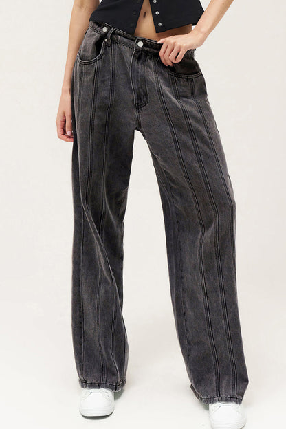 Street Mid-Rise Adjustable Button Lines Modify Wide Leg Jeans