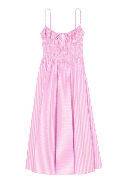 Casual Spaghetti Strap Front Tie Ruched Stripe Maxi Dress