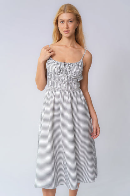 Casual Spaghetti Strap Front Tie Ruched Stripe Maxi Dress