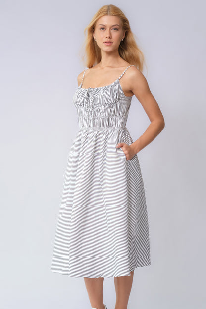 Casual Spaghetti Strap Front Tie Ruched Stripe Maxi Dress