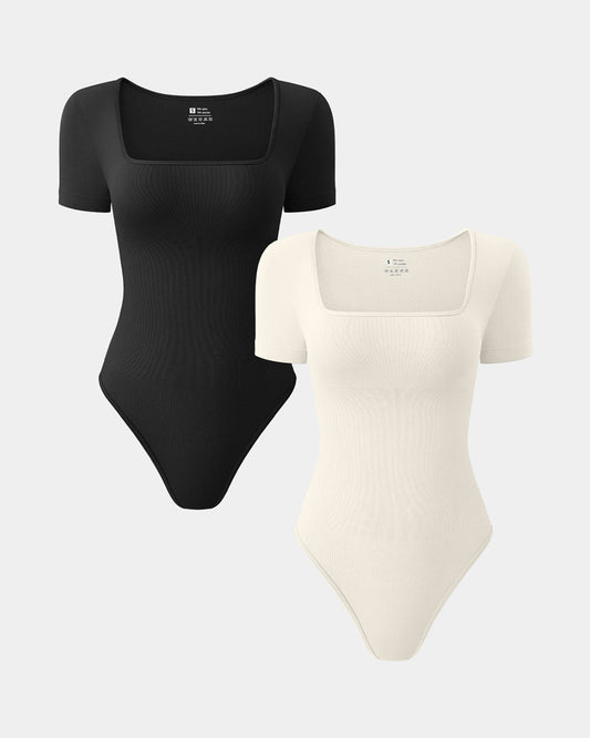 Ribbed Heart Neck Short Sleeve Bodysuits