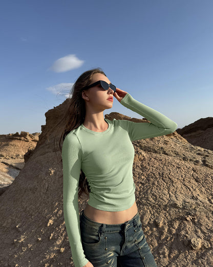 Crew Neck Ruched Stretch Fitted Tee Shirts Tops