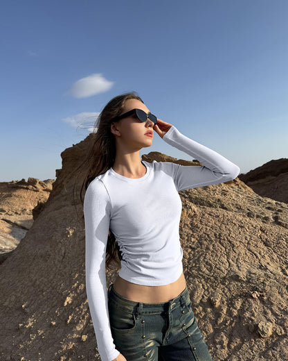 Crew Neck Ruched Stretch Fitted Tee Shirts Tops