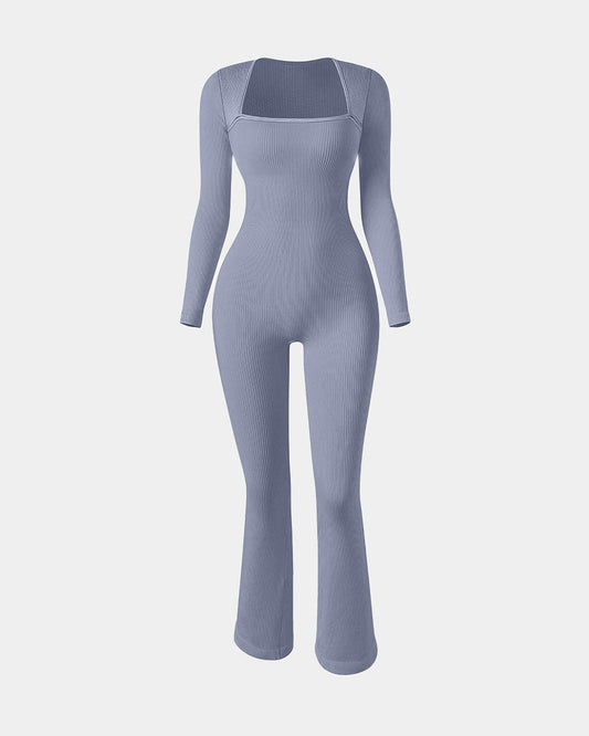 Ribbed Long Sleeve Bell Bottoms Flare Jumpsuits