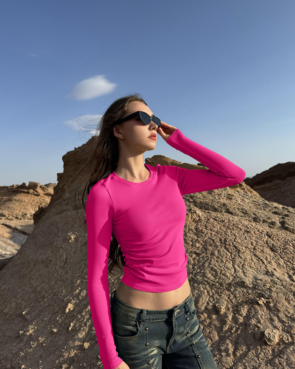 Crew Neck Ruched Stretch Fitted Tee Shirts Tops