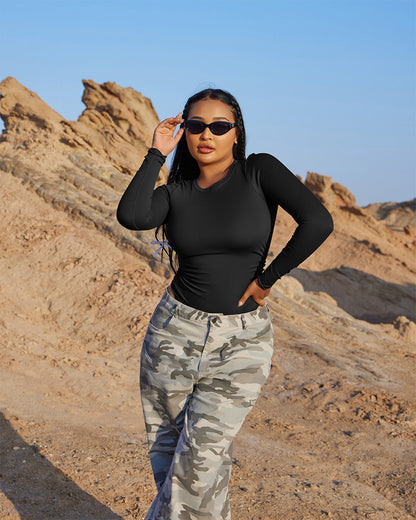 Crew Neck Long Sleeve Ruched Stretch Fitted Bodysuits