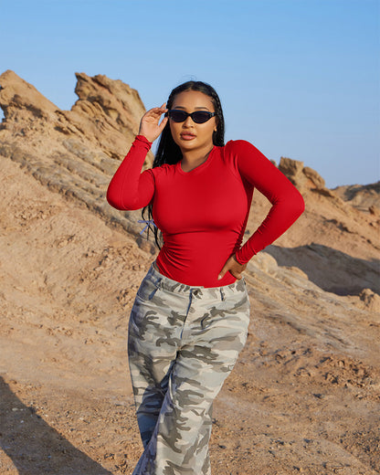 Crew Neck Long Sleeve Ruched Stretch Fitted Bodysuits