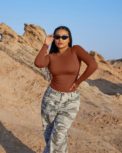 Crew Neck Long Sleeve Ruched Stretch Fitted Bodysuits