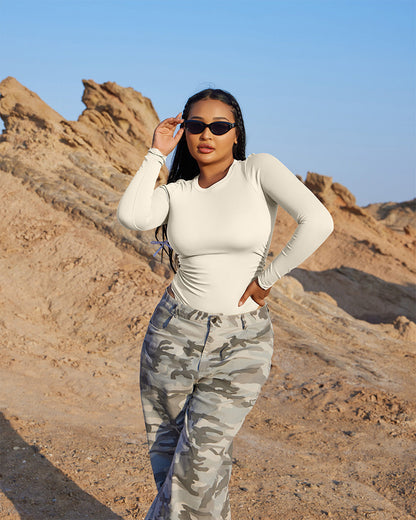 Crew Neck Long Sleeve Ruched Stretch Fitted Bodysuits