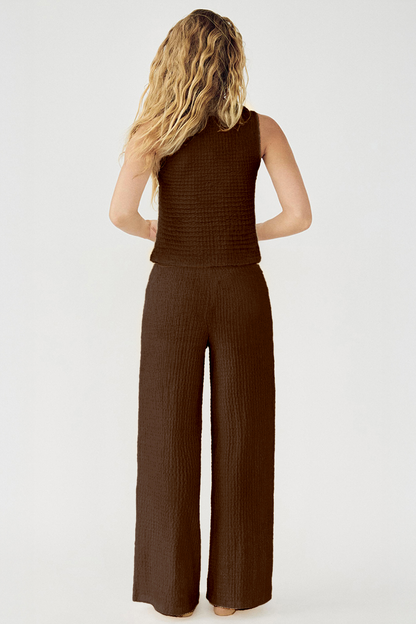 Leisure V-Neck Button Tank Top & Low-Rise Wide Leg Trousers Co-ord