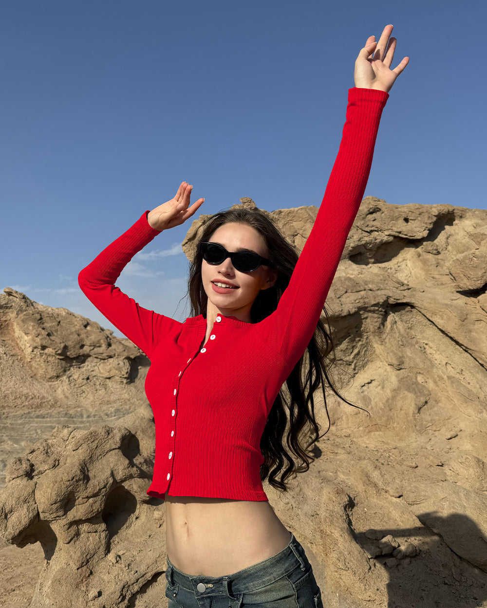 Crew Neck Button Knit Stretch Casual Fitted Tee Shirts