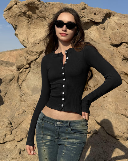 Crew Neck Button Knit Stretch Casual Fitted Tee Shirts