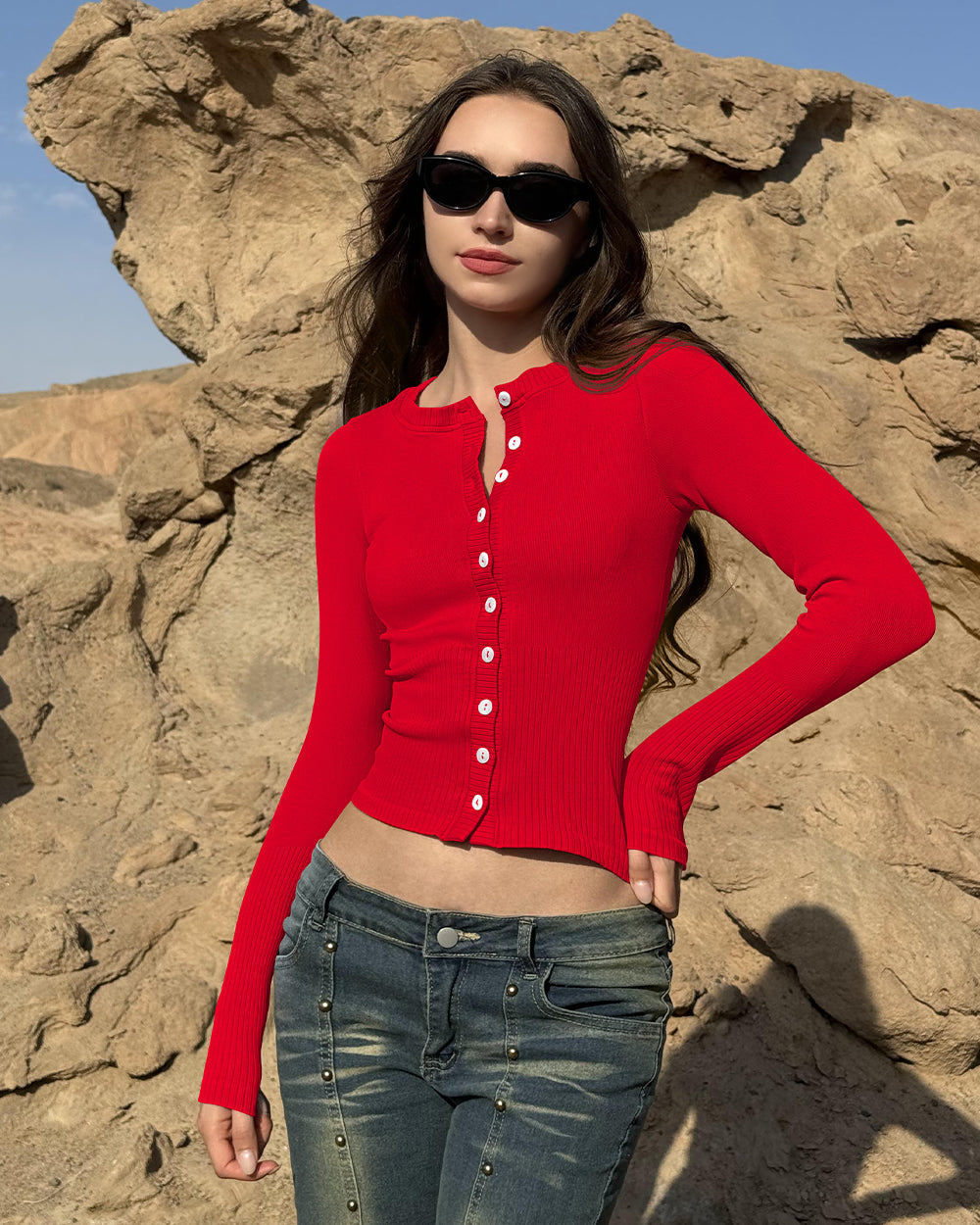 Crew Neck Button Knit Stretch Casual Fitted Tee Shirts