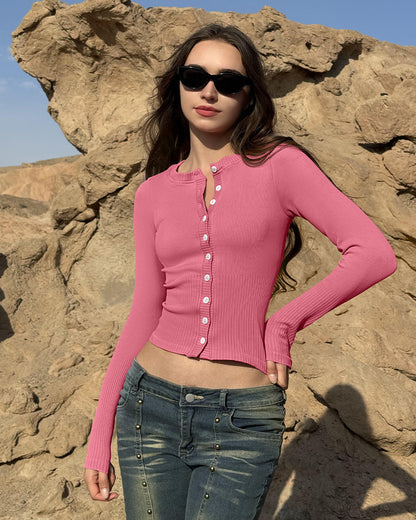 Crew Neck Button Knit Stretch Casual Fitted Tee Shirts