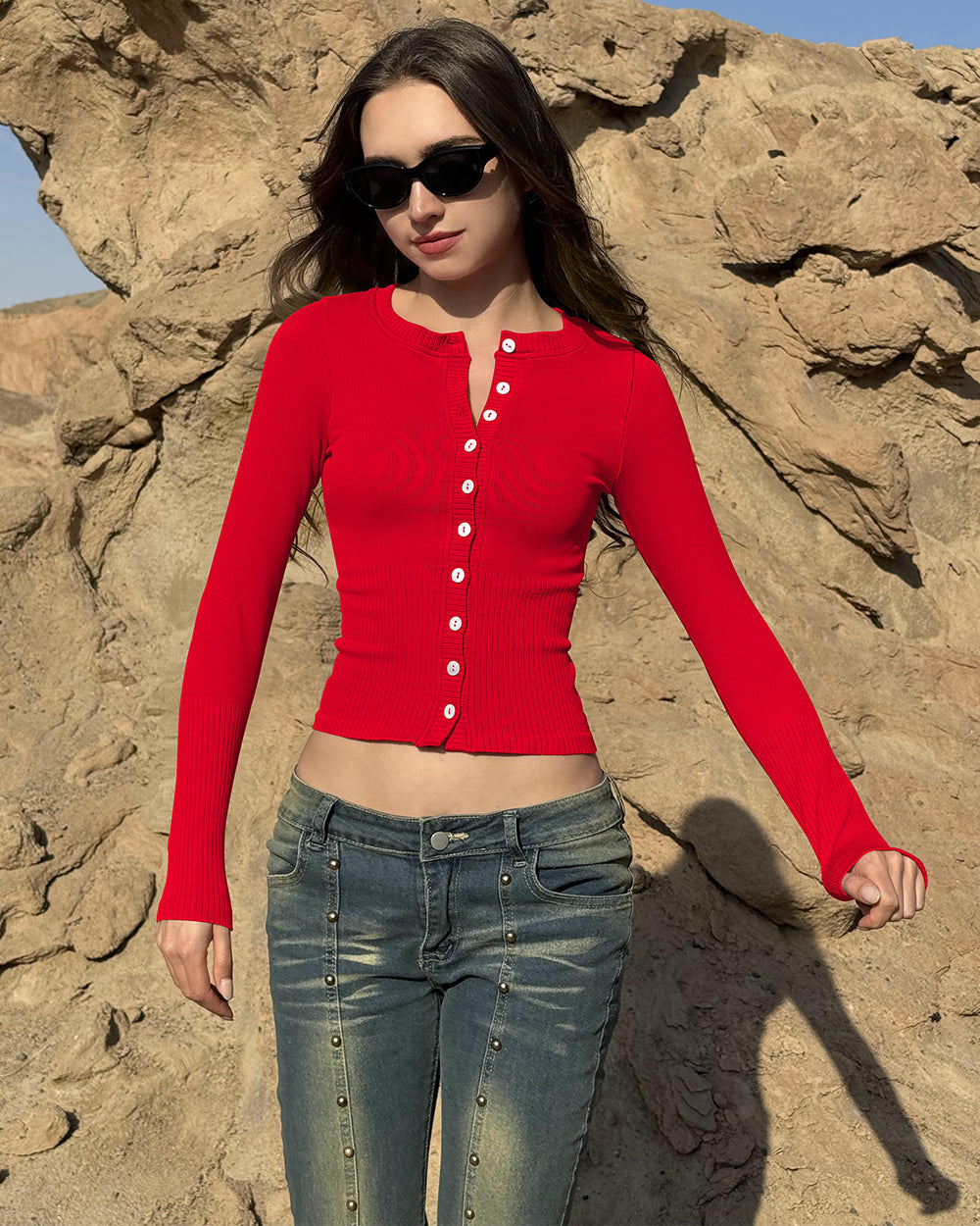 Crew Neck Button Knit Stretch Casual Fitted Tee Shirts