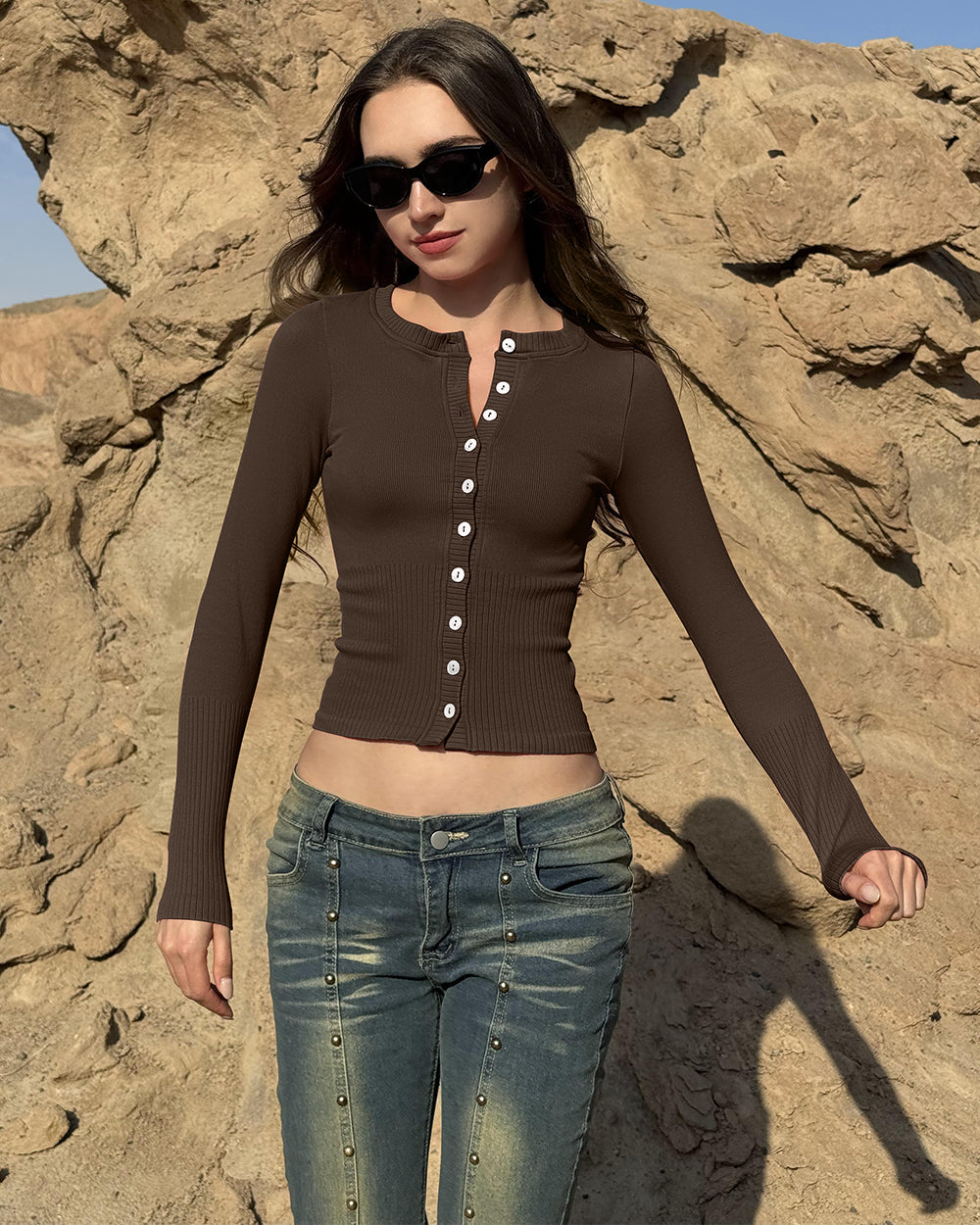 Crew Neck Button Knit Stretch Casual Fitted Tee Shirts