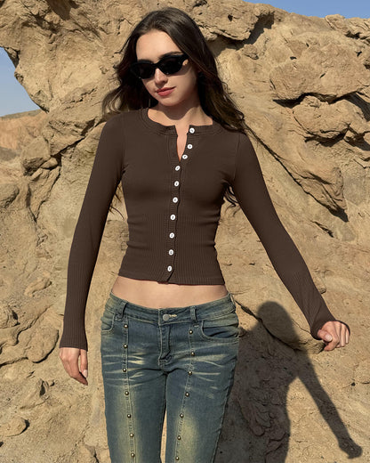 Crew Neck Button Knit Stretch Casual Fitted Tee Shirts