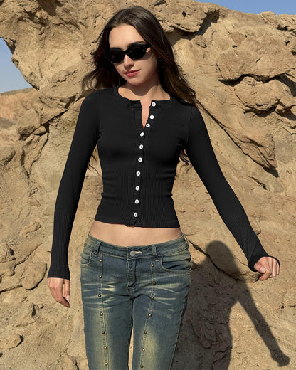 Crew Neck Button Knit Stretch Casual Fitted Tee Shirts