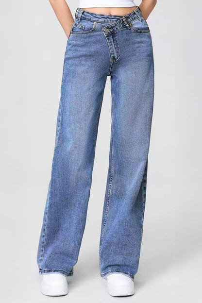 Asymmetrical High Waist Multi Pocket Wide Leg Jeans Street Style