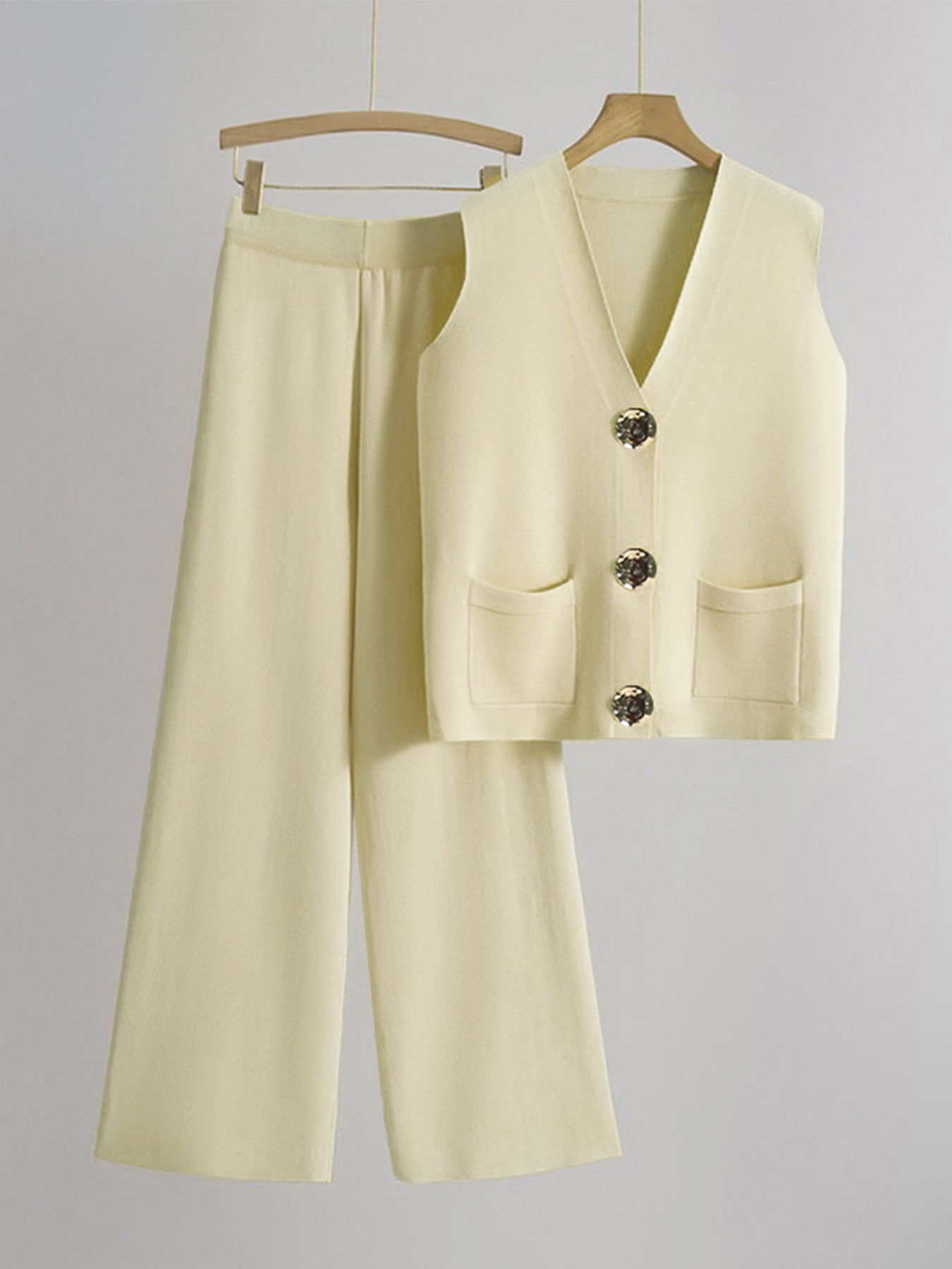 Minimalist Solid V-Neck Button Tank Top & Wide-Leg Trousers Co-ord