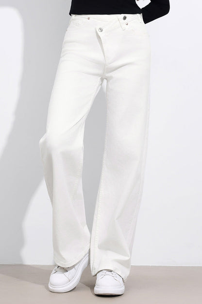 Asymmetrical High Waist Multi Pocket Wide Leg Jeans Street Style