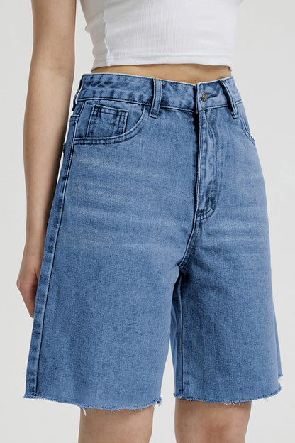 Classy Mid-Rise Tassel Hem Baggy Denim Shorts