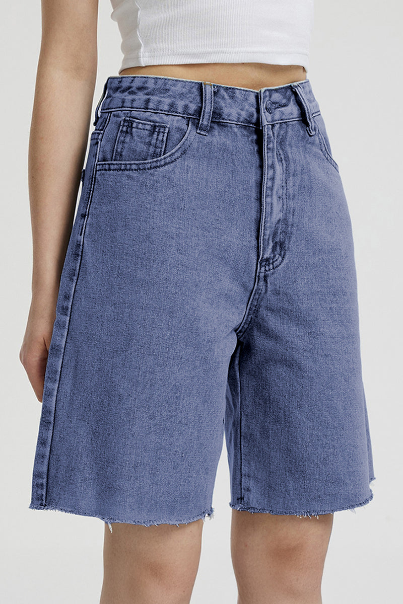 Classy Mid-Rise Tassel Hem Baggy Denim Shorts