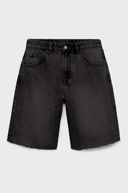 Classy Mid-Rise Tassel Hem Baggy Denim Shorts