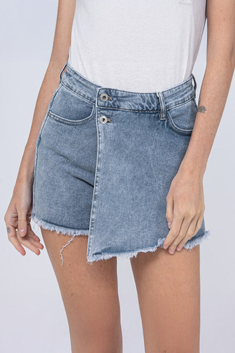 Layered High Waist Raw Hem Denim Skorts with Tassel Detail
