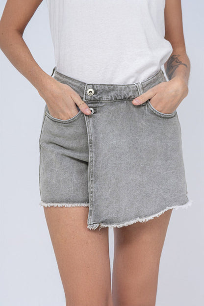 Layered High Waist Raw Hem Denim Skorts with Tassel Detail