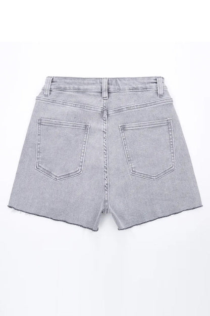 Layered High Waist Raw Hem Denim Skorts with Tassel Detail