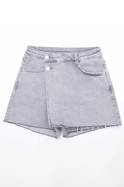 Layered High Waist Raw Hem Denim Skorts with Tassel Detail