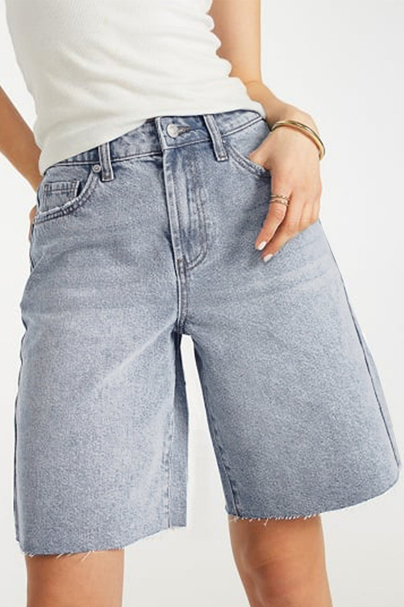 Classy Mid-Rise Tassel Hem Baggy Denim Shorts