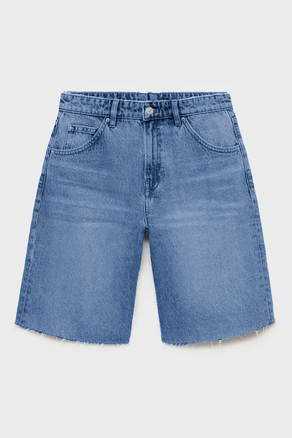 Classy Mid-Rise Tassel Hem Baggy Denim Shorts