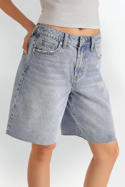 Classy Mid-Rise Tassel Hem Baggy Denim Shorts