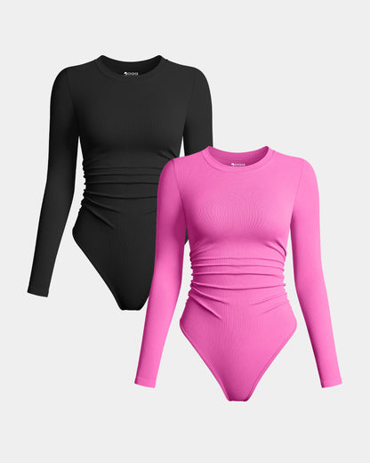 Crew Neck Long Sleeve Ruched Stretch Fitted Bodysuits
