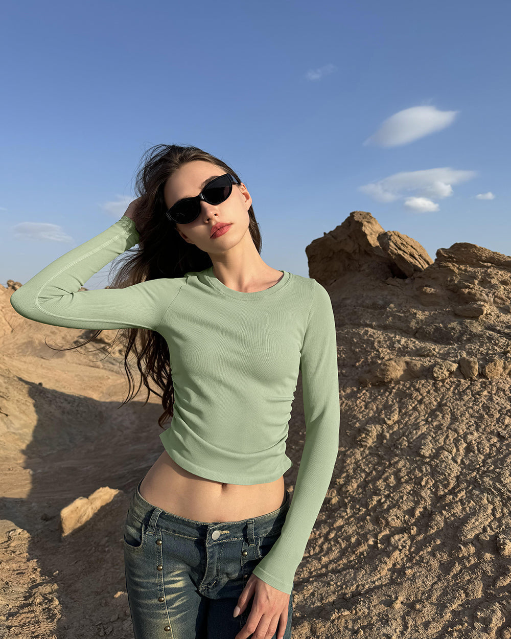 Crew Neck Ruched Stretch Fitted Tee Shirts Tops