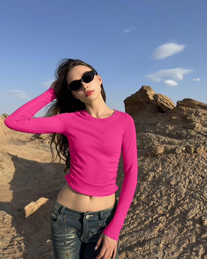 Crew Neck Ruched Stretch Fitted Tee Shirts Tops