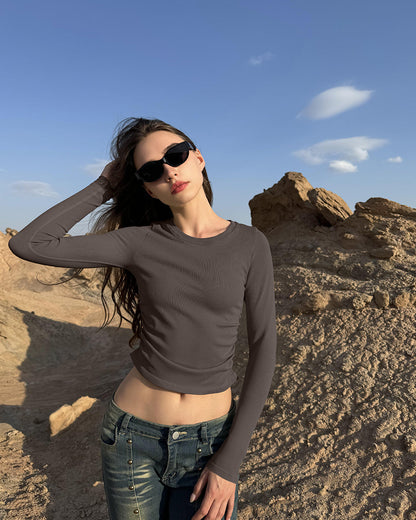 Crew Neck Ruched Stretch Fitted Tee Shirts Tops