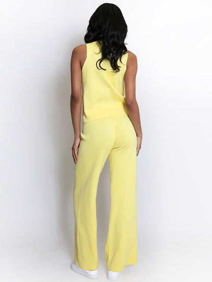 Minimalist Solid V-Neck Button Tank Top & Wide-Leg Trousers Co-ord