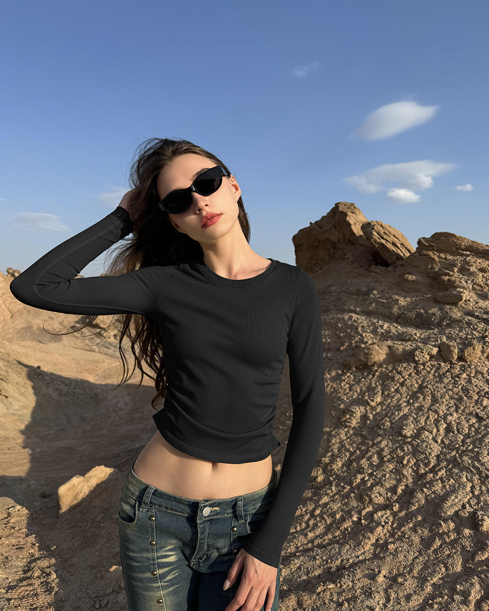 Crew Neck Ruched Stretch Fitted Tee Shirts Tops