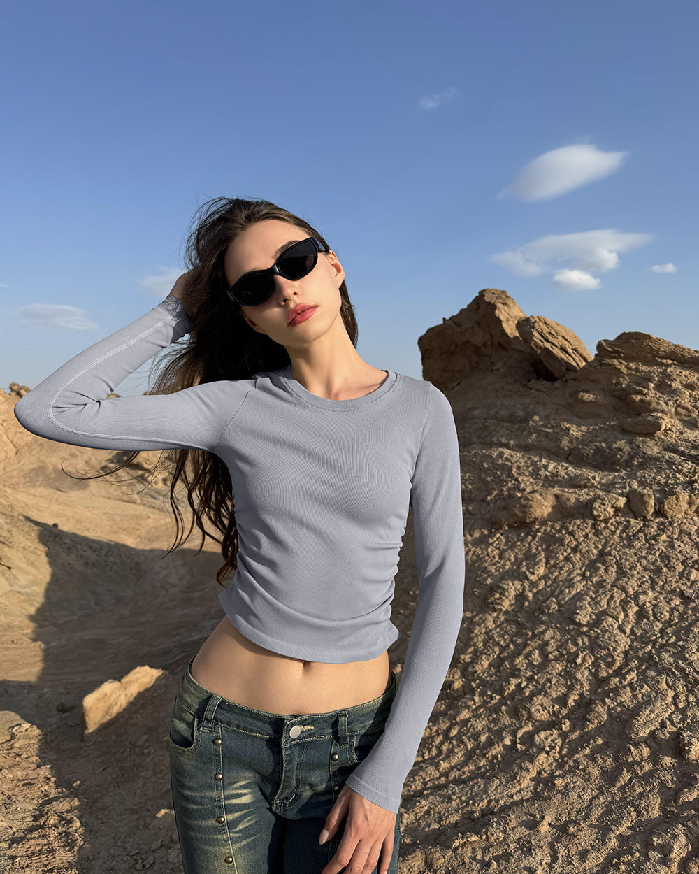 Crew Neck Ruched Stretch Fitted Tee Shirts Tops