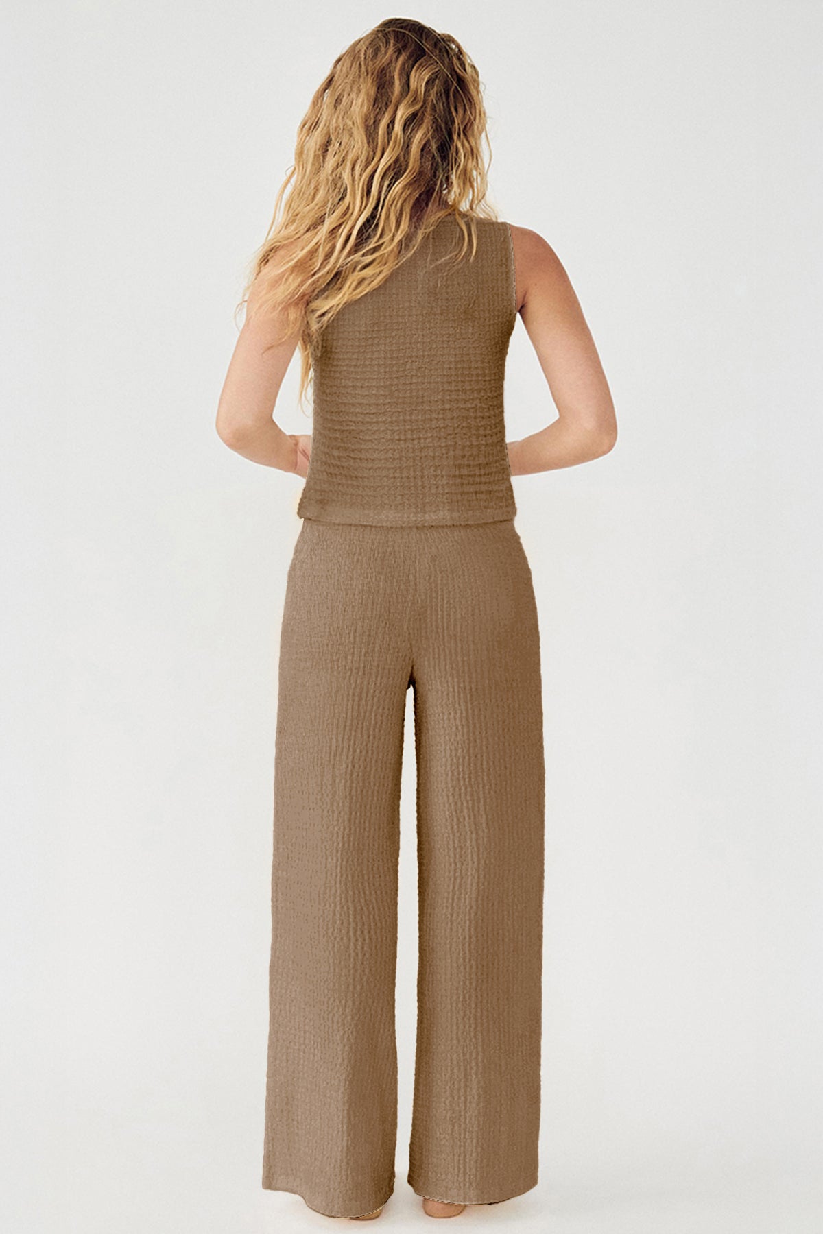 Leisure V-Neck Button Tank Top & Low-Rise Wide Leg Trousers Co-ord