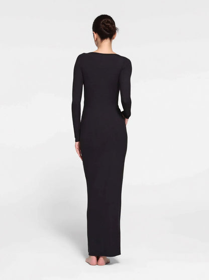 Elegant U Neck Lace Trim Button Through Slinky Maxi Dress